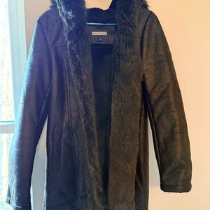 Black Rivet Dark Coat with Faux Fur Trim